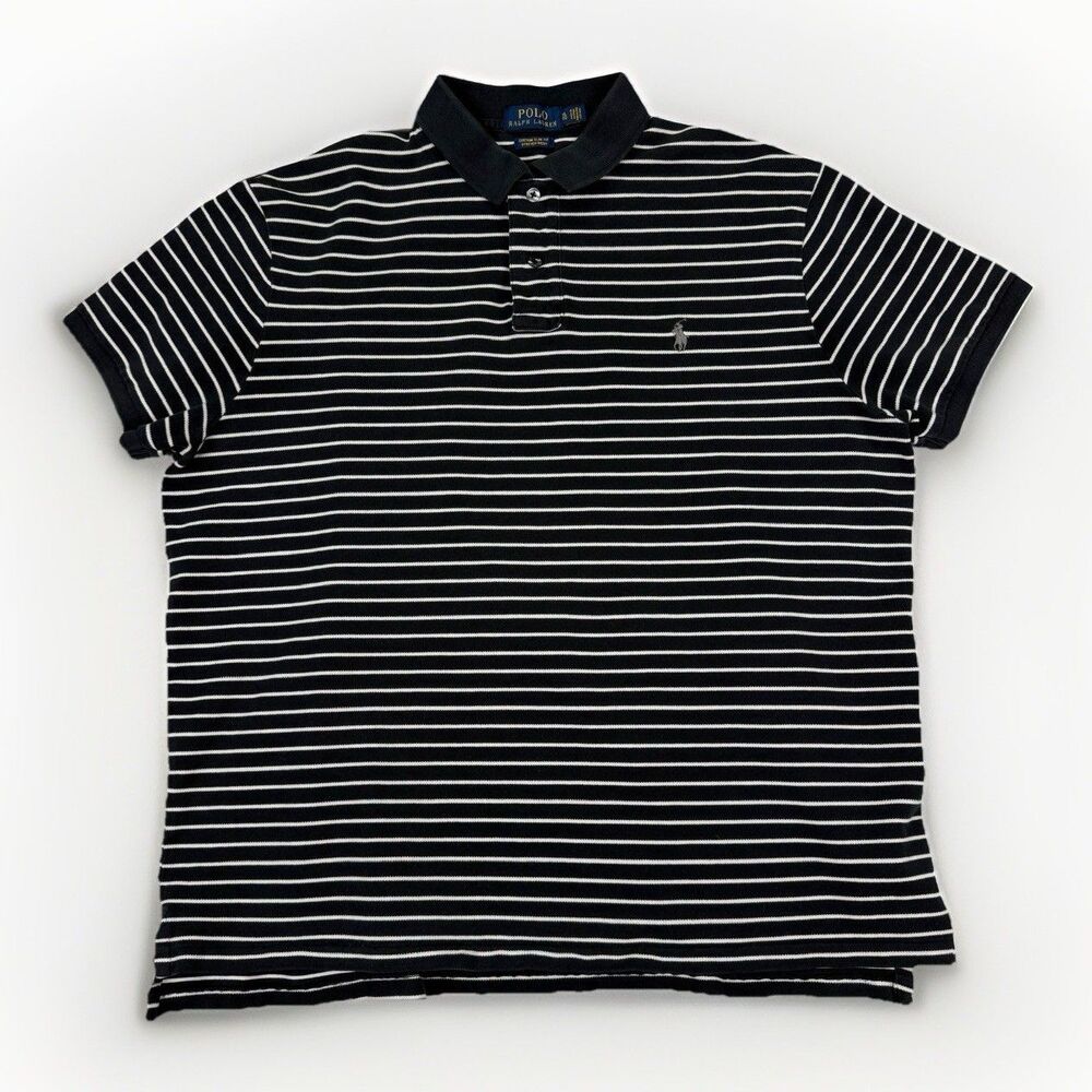 Polo Ralph‎ Lauren Mens Custom Slim Fit Mesh Striped Polo Shirt Black Pony